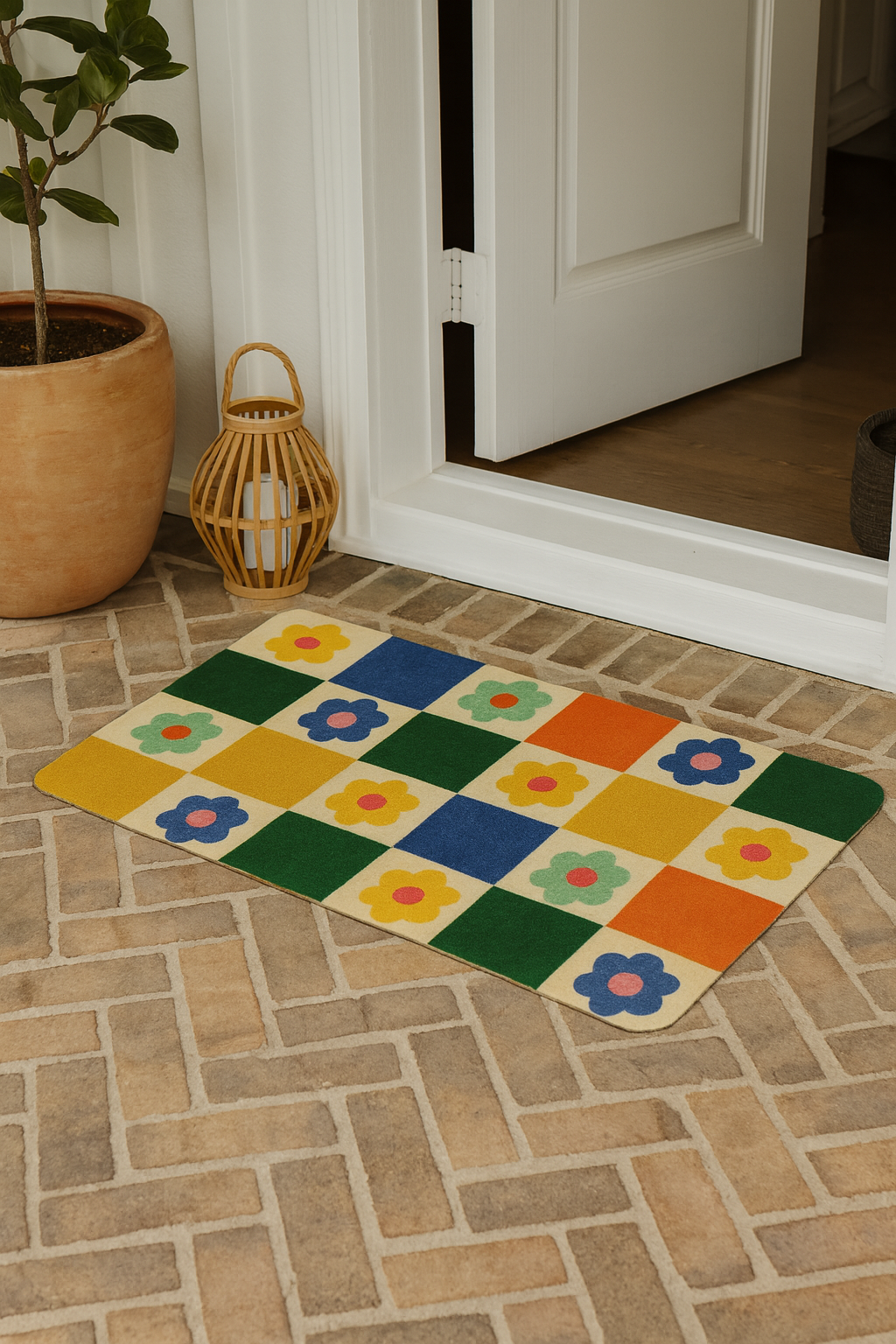 Floral Check Welcome Doormat